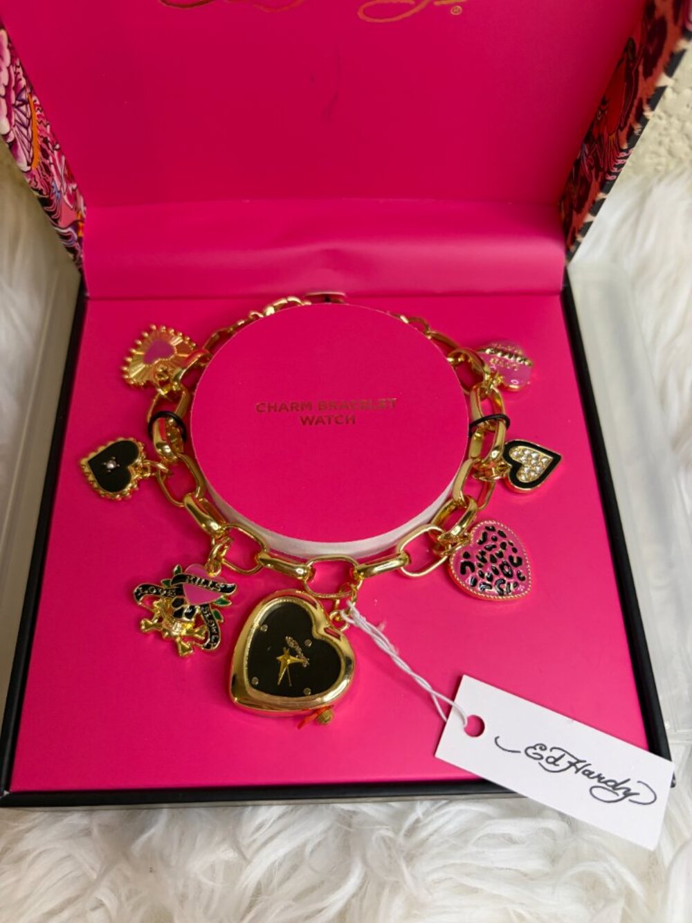 Ed Hardy Charm Bracelet Watch Gold Tone Heart Leopard Rhinestone NWT